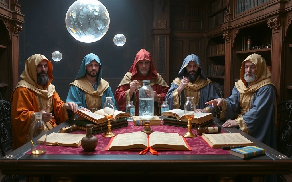 Experts sharing knowledge about health and vitamins, mystical glowing scrolls and ancient books