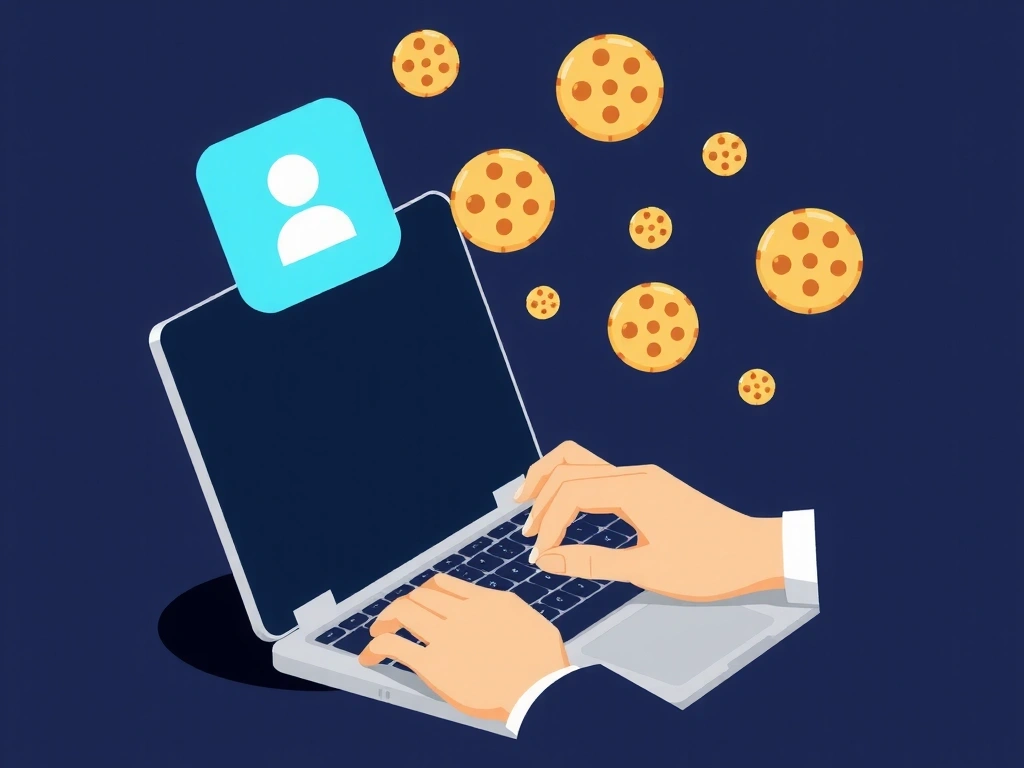 O persoană navighează pe un laptop cu pictograme de cookie-uri plutind în jurul ecranului, simbolizând personalizarea online.