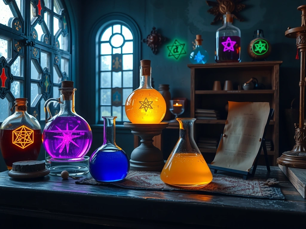 Laborator mistic antic cu alambicuri strălucitoare și simboluri alchimice