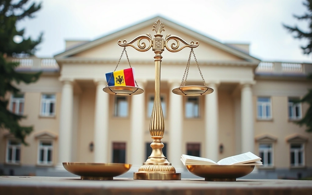 Ilustrație cu o balanță a justiției și un steag al României, reprezentând legea aplicabilă și jurisdicția.